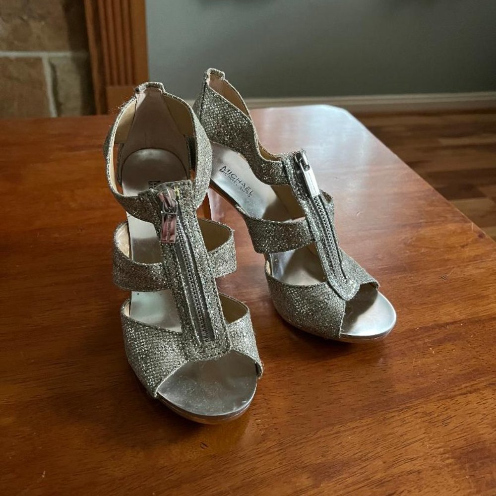 silver michael kors heels, size 6 1/2, 3 1/2" heels